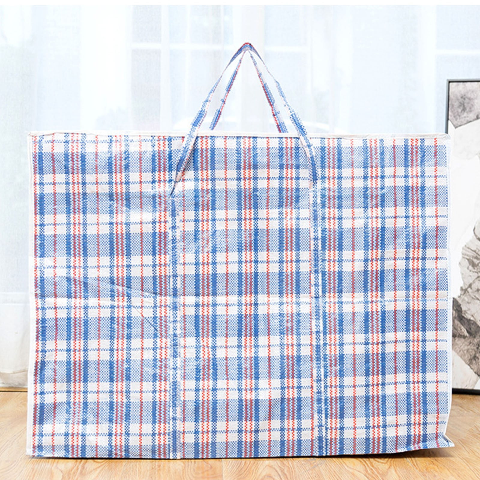 Blues White And Red Plaid Striped Woven Bag - Extra Large Laundry