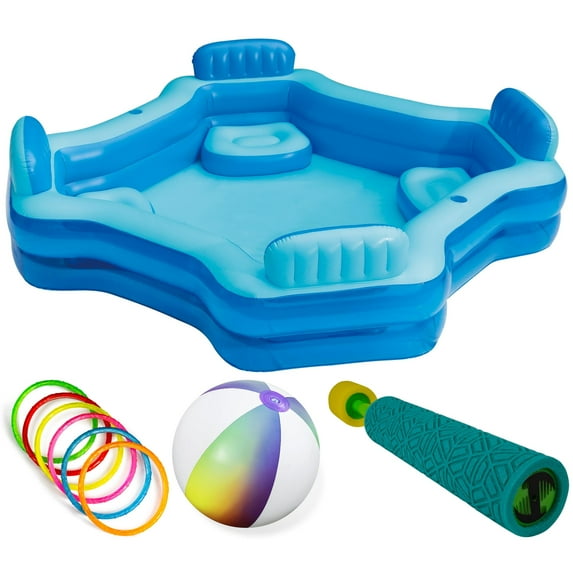 Bluescape Blue Deluxe Comfort Inflatable Family Swimming Pool, 4 Seats, Square, Age 6 & up Including Water Toy Bundle