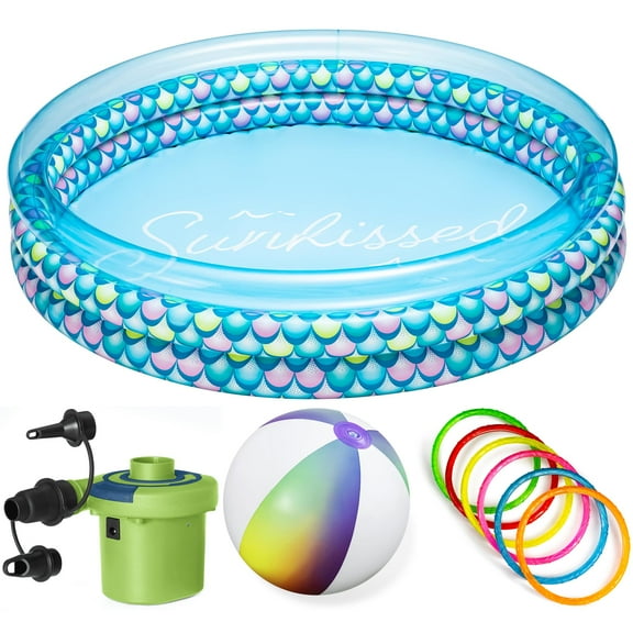 Bluescape Colorful Mermaid Print 3-Ring Inflatable Swimming Pool for Kids, Round, Age 2 & up, Unisex Including Pool Toys