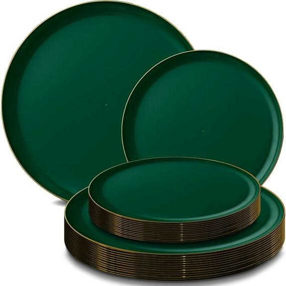 Bluesky Edge Collection Emerald Green Combo AFN1Plastic Plates with Gold Rim - 8" & 10" (Pack of 20) - Stunning & Design - Perfect for Weddings, Parties & Special Occasions