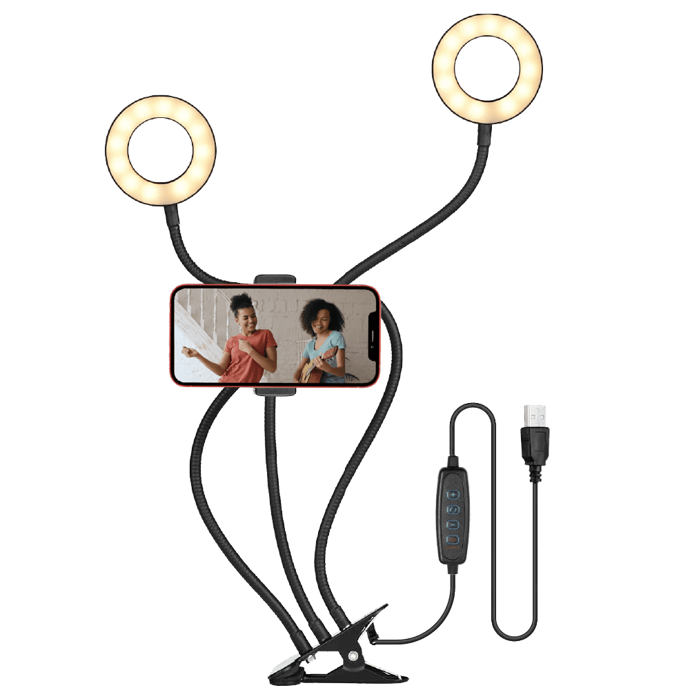 Bluestone USB Dual Ring Light Streaming Kit with Phone Holder, Mounting Clip, and Wired Remote (Cellphone NOT Included)