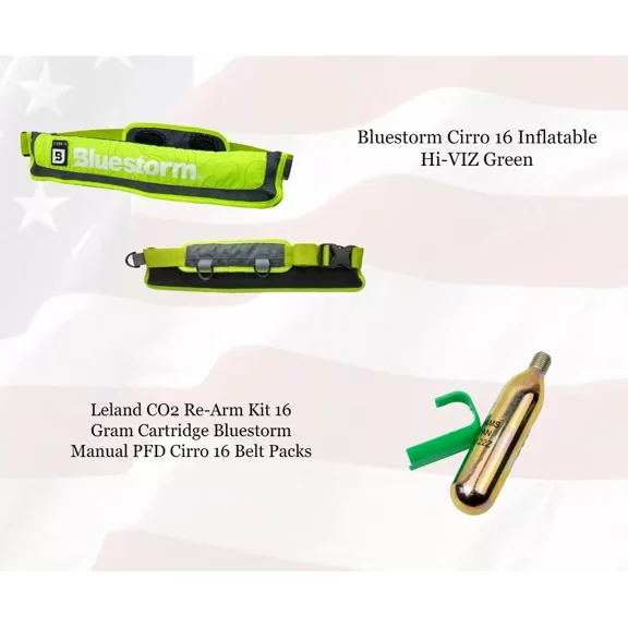 Bluestorm CIRRO 16 Inflatable Belt Pack USCG Approved Type V PFD, Hi-VIZ Green/Yellow w/ Extra Rearming Kit