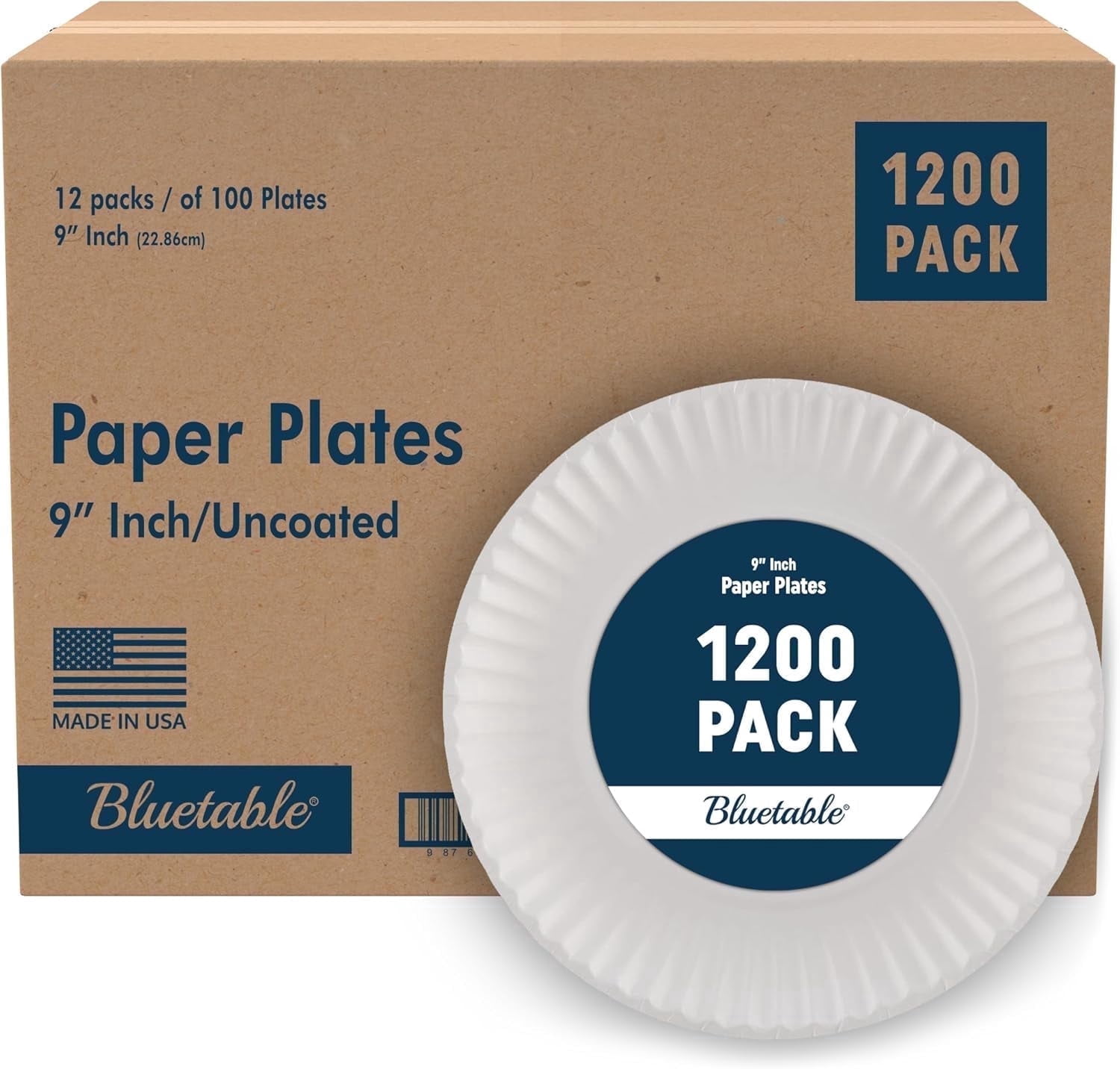 Paper Plates 9 inch, Bulk Everyday Uncoated White 9” Disposable Plate, 1200 Count