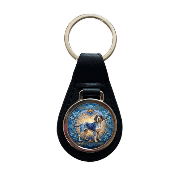 Bluetick Coonhound Dog Art Nouveau Metal Black Leather Keychain