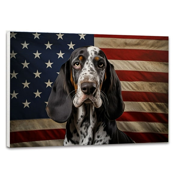 Bluetick Coonhound Dog Canvas with American Flag Canvas Wall Art Dog Canvas Pictures for Wall Decor Red White Blue Flag of USA Patriotic Painting Print for Living Room Bedroom Office Ready to Hang