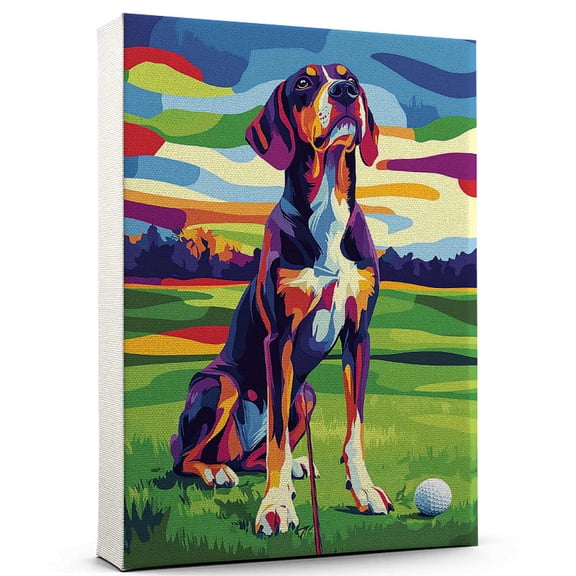 Bluetick Coonhound Dog Canvas Golf Canvas Cute Bluetick Coonhound Canvas Wall Art of Puppy Playing Golf, Perfect for Dog and Sports Fans