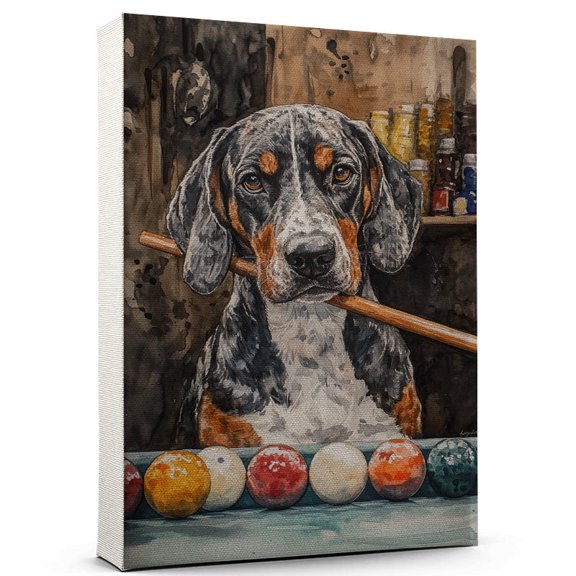 Bluetick Coonhound Dog Playing Billiards Wall Canvas Bluetick Coonhound Canvas Art for Dog Lovers, Billiards Canvas and Unique Room Decor