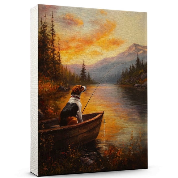 Bluetick Coonhound Vintage Dog Fishing Canvas Artistic Sports, Bluetick Coonhound Dog with Fishing Canvas Wall Print for Bedroom, Living Room, Office