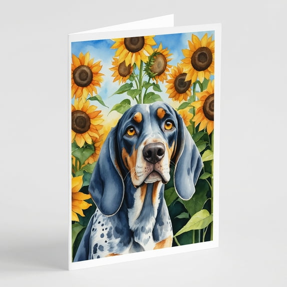 Bluetick Coonhound in Sunflowers Greeting Cards Pack of 8 7 in x 5 in