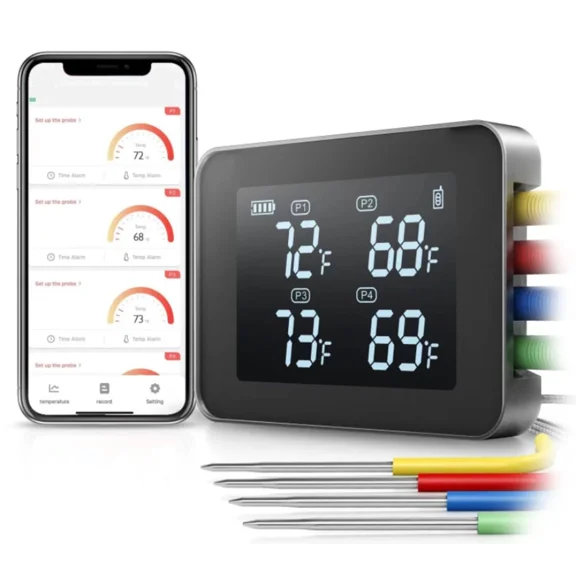 Bluetooth 4 Probe Meat Thermometer Wireless Roast BBQ Turkey Kitchen Cooking
