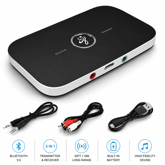 Bluetooth 5.0 2-in-1 Transmitter and Receiver for Audio Devices with Long Range,Low Power Consumption,and Noise Reduction,Suitable for Android,IOS Phones,Pads,and Bluetooth Audio Devices