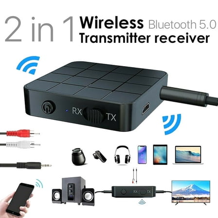 Bluetooth 5.0 Audio Transmitter and Receiver, 2-in-1 Wireless Adapter with 3.5mm Aux Cable, Low Latency for Home Stereo, Car, TV, Headphones, Dual Mode BT Converter