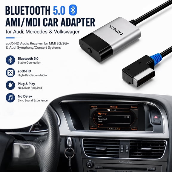 Bluetooth 5.0 Car Adapter for Audi, Mercedes & Volkswagen AMI/MDI Interface, aptX-HD Receiver for MMI 3G/3G+ & Audi Symphony/Concert Systems