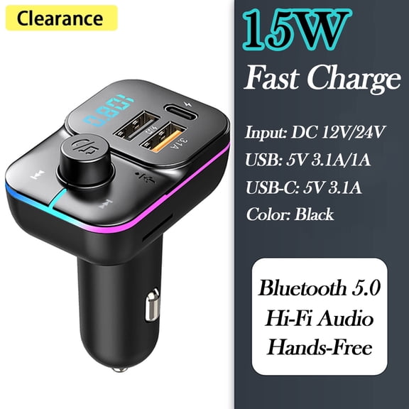 Elnone 15W QC PD Car Charger with FM Transmitter, Bluetooth 5.0 Dual USB Ports for iPhone Samsung