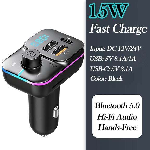 15W QC PD Car Charger & FM Transmitter, Bluetooth 5.0 for Music/Calls, Dual USB Ports, 12V/24V Universal Compatible with iPhone/Samsung