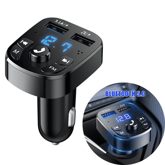 Elnone Bluetooth 5.0 FM Transmitter Cigarette Lighter Adapter, Dual PD Fast Charging USB-C Port, Hands-Free Call & MP3 Play for Android & iOS Devices, 12V-24V Vehicles
