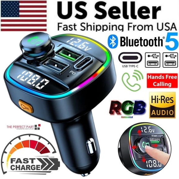 Bluetooth 5.0 Car FM Transmitter with PD Fast Charger - Wireless Adapter Hands-Free Calling, AUX Port & Dual USB for iPhone Android Vehicles