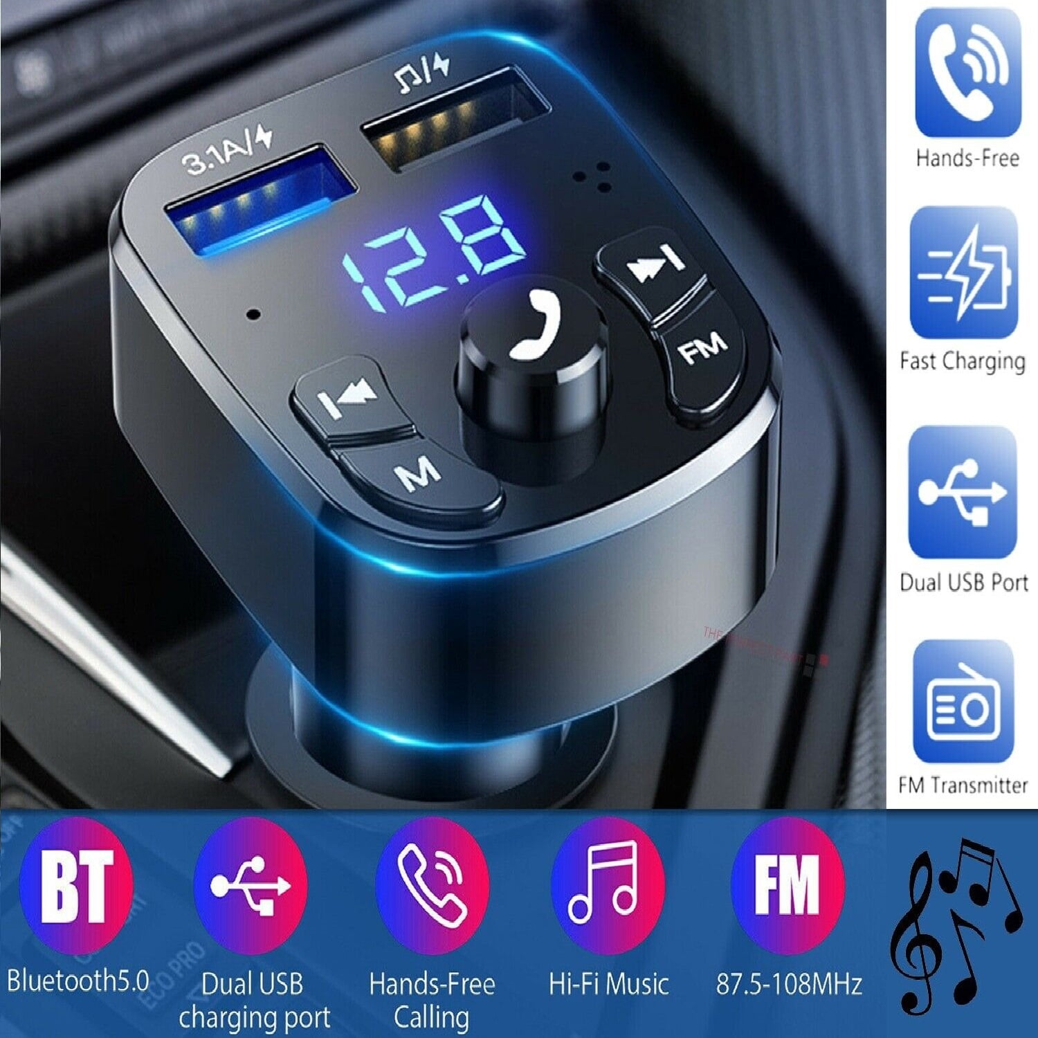 Syncwire Bluetooth 5.3 FM Transmitter Car Adapter 48W(PD 36W & 12W) [Light  Switch] [Hi-Fi Deep Bass] [Fast Charging] Wireless Radio Music Adapter LED