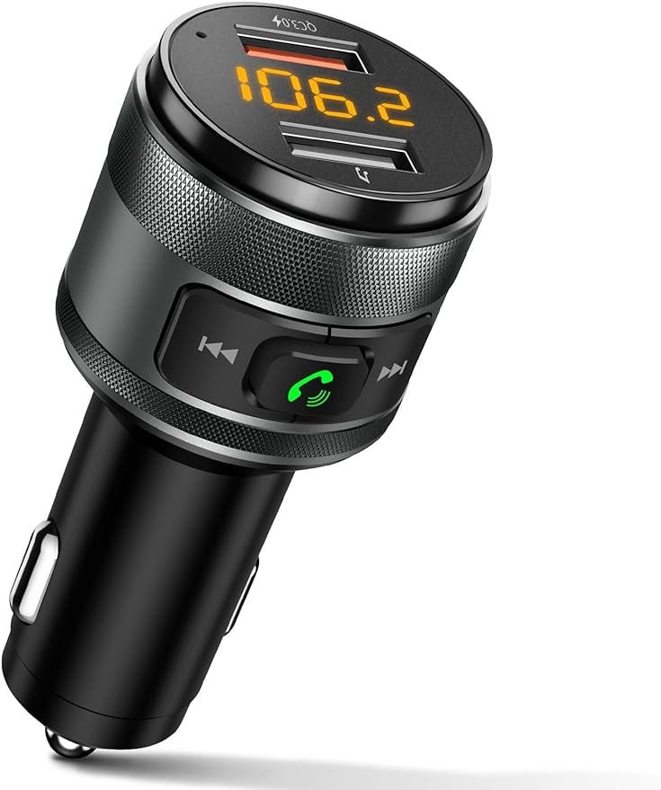 Bluetooth 5.0 FM Transmitter for Car, 3.0 Wireless Bluetooth FM Radio Adapter Music Player Metal FM Transmitter/Car Kit with Hands-Free Calling and 2 USB Ports Charger USB Drive