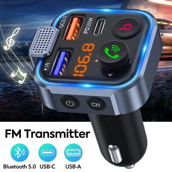 Bluetooth 5.0 FM Transmitter Car Adapter, PD20W & QC18W 3-Device Fast Charger with Hands-Free Calling, Gradient Light Deep Bass Hi-Fi Car Charger for 12-24V Vehicles