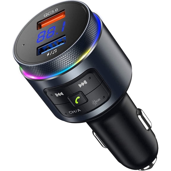 Bluetooth 5.0 FM Transmitter for Car, Auto Frequency Tuning QC3.0 Wireless Bluetooth FM Radio Adapter Music Player, Hands Free, 2 USB Ports Car Charger with 9 RGB Backlit, U Disk Siri Google Support