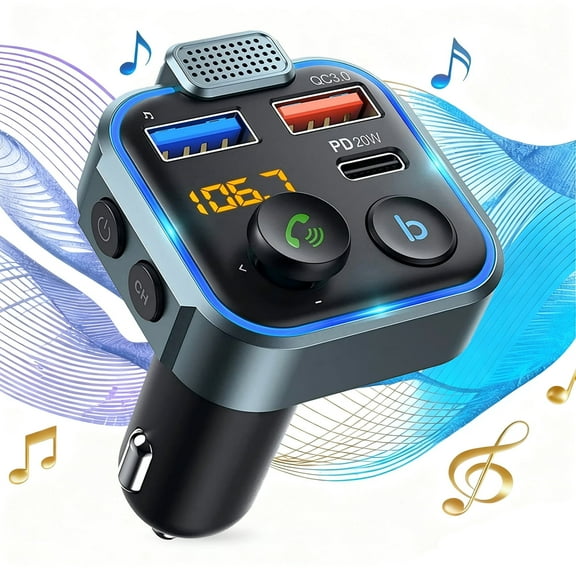 Bluetooth 5.0 FM Transmitter for Car, Bluetooth Car Adapter, PD 20W + QC 3.0 Cigarette Lighter Radio Music Adapter Charger, Supports Hands-Free Assistant