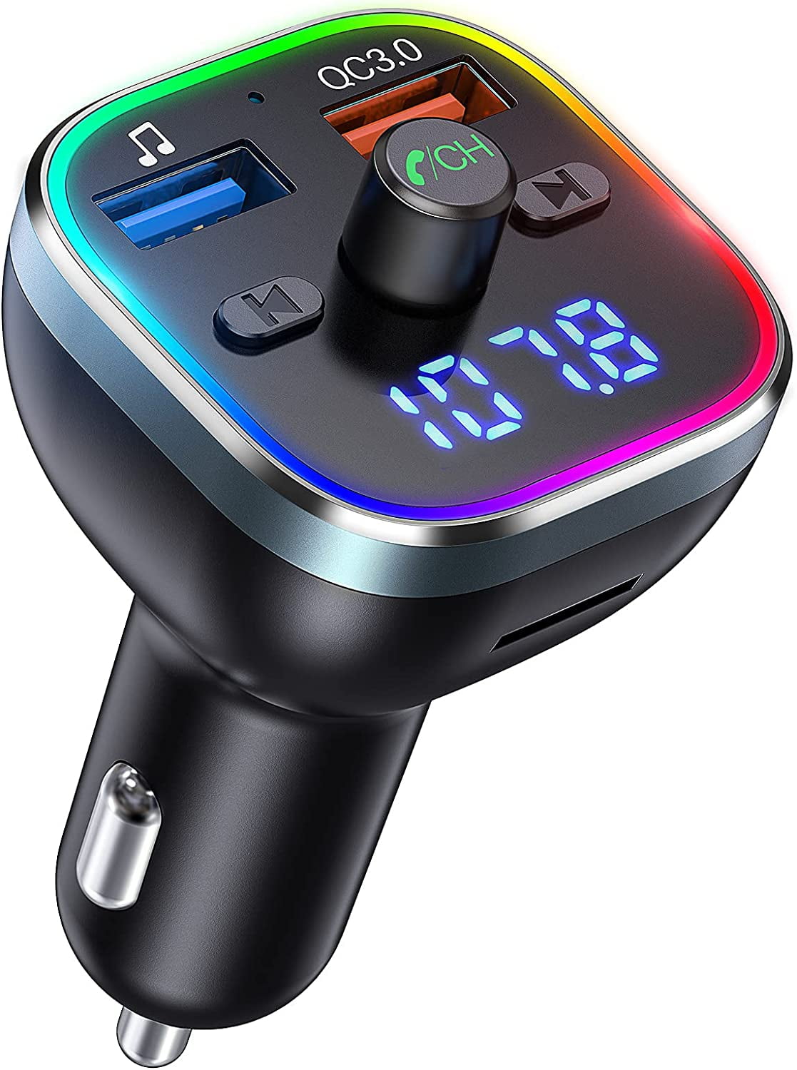 Bluetooth 5.0 FM Transmitter for Car, QC3.0 Hi-Fi Bluetooth Car Adapter, Music Player Car Adapter, 6 LED Backlight, 2 Ports Car Charger, Hands-Free Calling, USB Drive, TF Card, Siri & Google Assistant