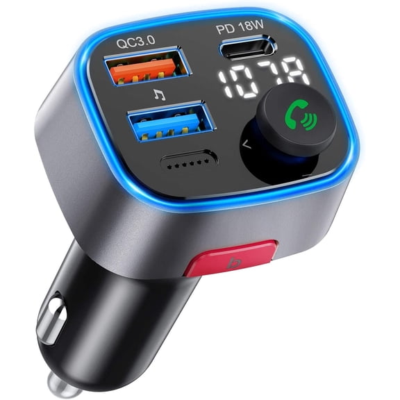 Bluetooth 5.0 FM Transmitter for Car, QC3.0 & PD 18W Wireless Bluetooth FM Radio Adapter, Bass Hi-Fi MP3 Music Player 3 Ports Car Charger with LED Backlight, Hands-Free Calling, Siri/Google Assistant