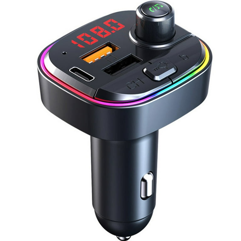 Bluetooth 5.0 FM Transmitter for Car,QC3.0&Type-C PD 18W Wireless Bluetooth  Car Adapter/ Car Kit/ Music Player with 7 Colors LED Backlit,3 USB Ports