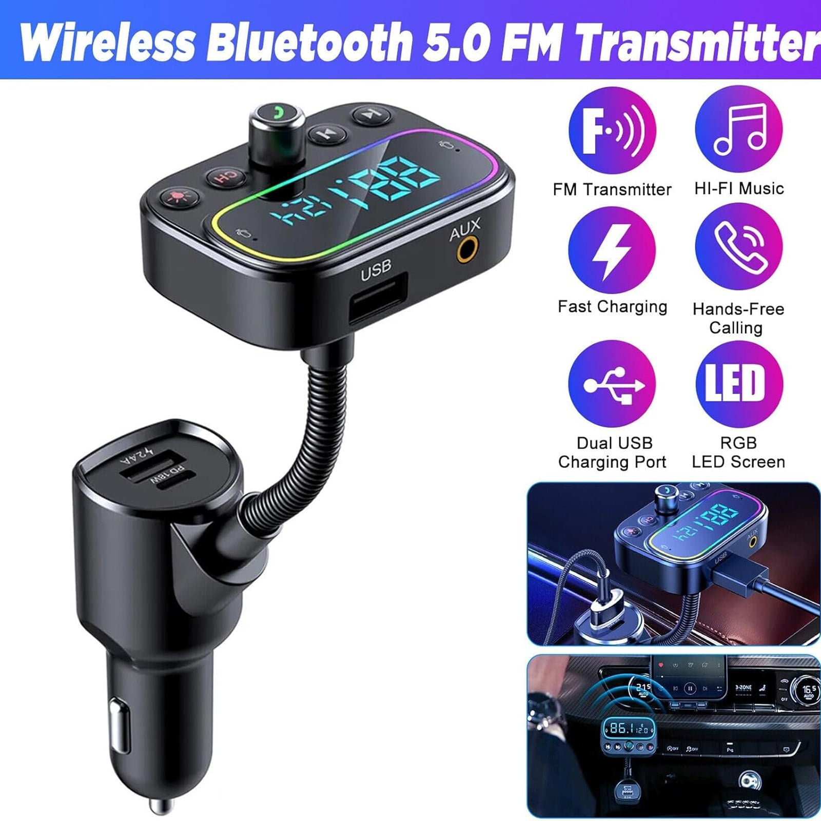 Bluetooth 5.0 FM Transmitter Wireless Car Adapter with Dual USB Fast Charging, Hands-Free Calling, MP3 Player \u0026 Lossless Audio Streaming for Car Audio, image size:1600x1600