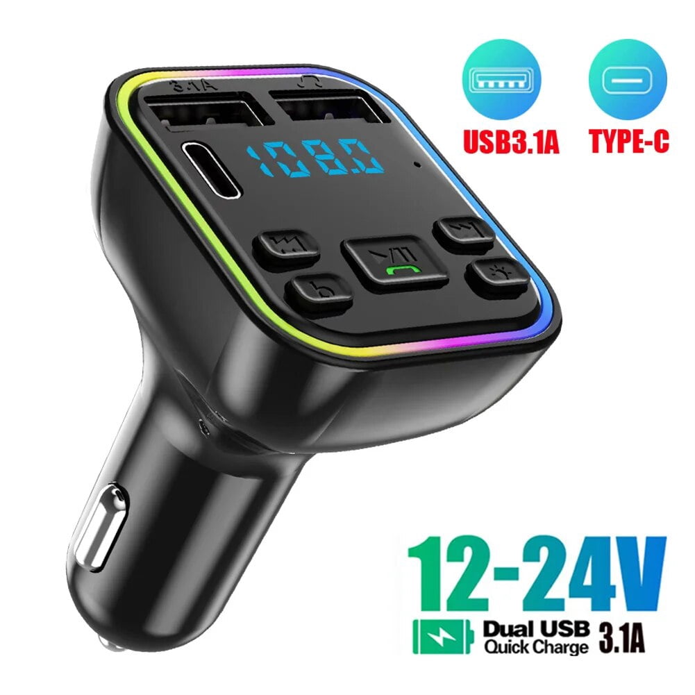 NULAXY 54W Bluetooth 5.3 auto-adapter met 4 oplaadpoorten [PD 36W & QC3.0 18W], draadloze radio FM-zender, Bluetooth-zender, diepe basspeler, 5 kleuren LED-achtergrondverlichting, handsfree bellen