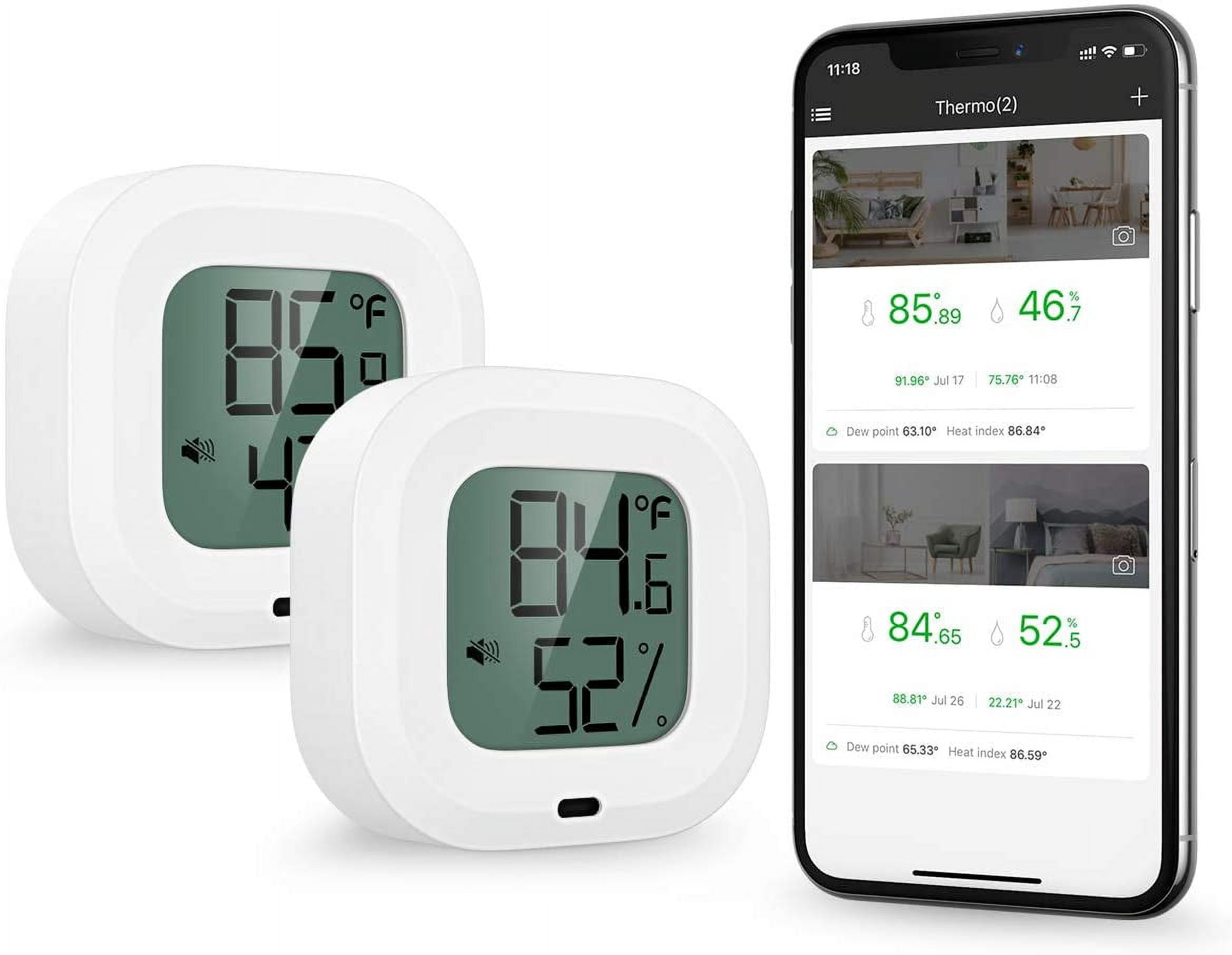 Humidity Control Button Bluetooth 5.0 Thermometer Hygrometer, 2Pcs Wireless App Control ...