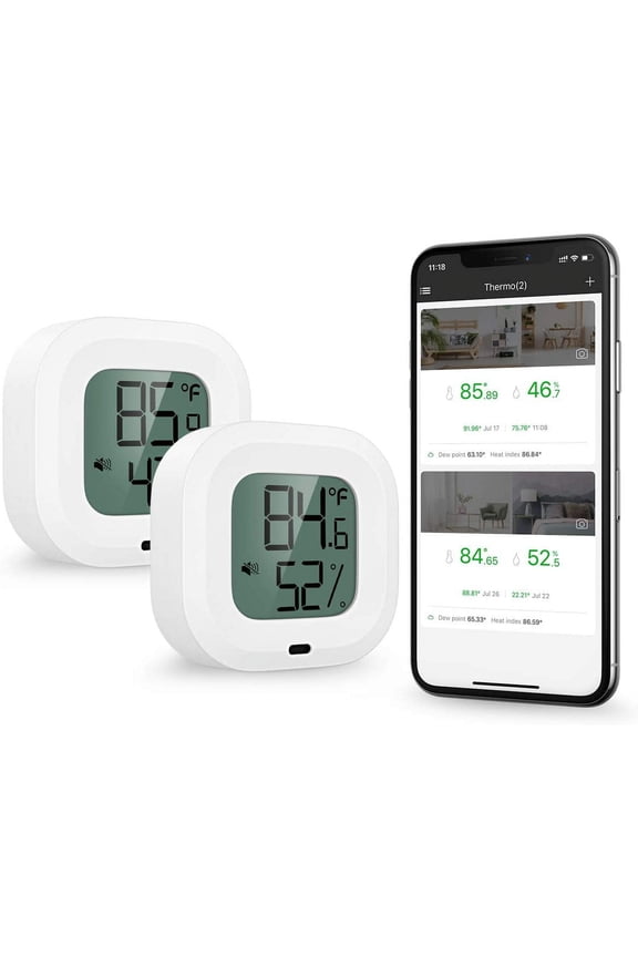 Bluetooth 5.0 Thermometer Hygrometer, 2Pcs Wireless App Control Accurate Temperature Humidity Monitor Meter, Monitor Sensor With Screen, Button, Alerts Function For Ios/Android 2Pcs-Clear White -