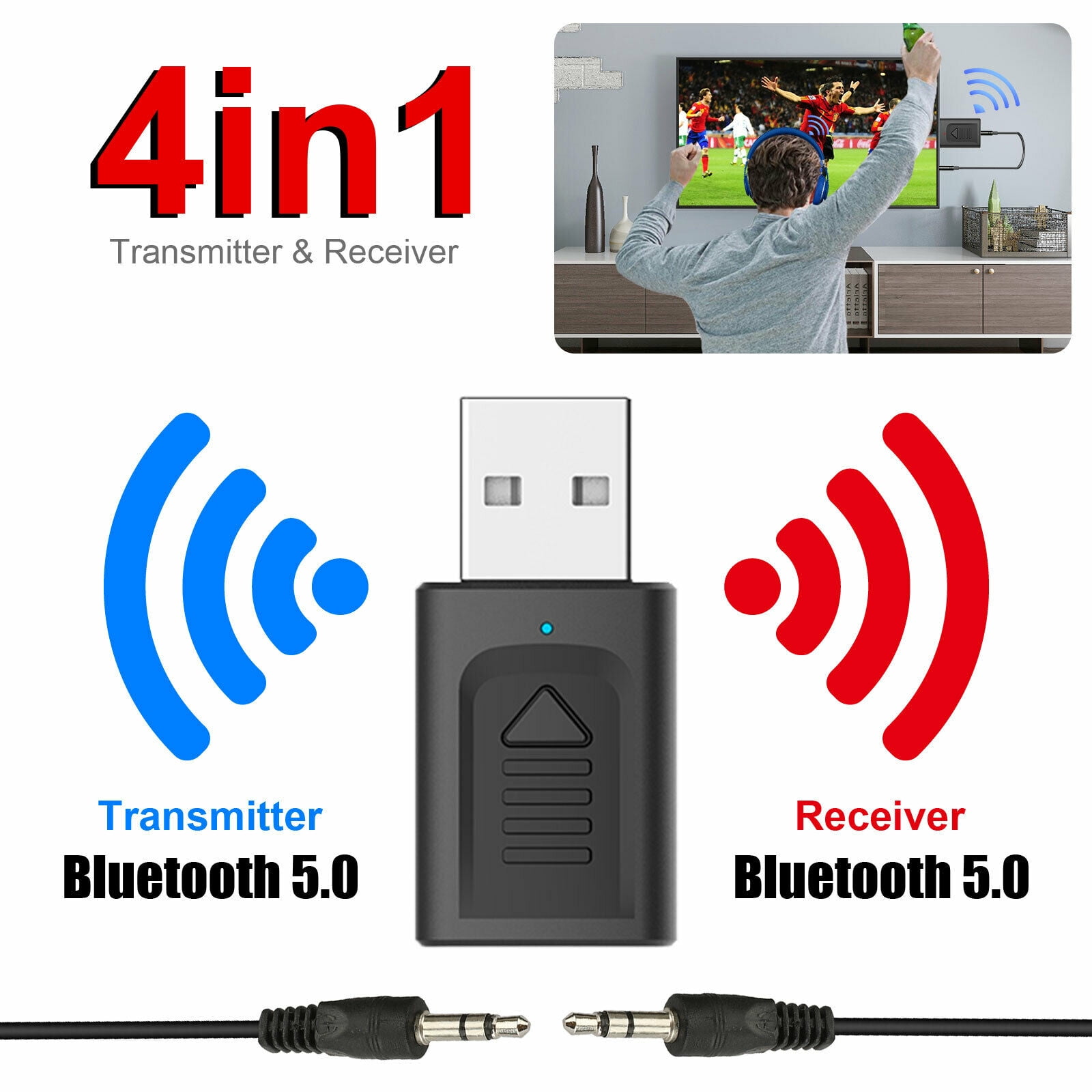 Bluetooth 5.0 Transmitter Receiver 4 IN 1 Wireless Audio 3.5mm Jack Aux Adapter