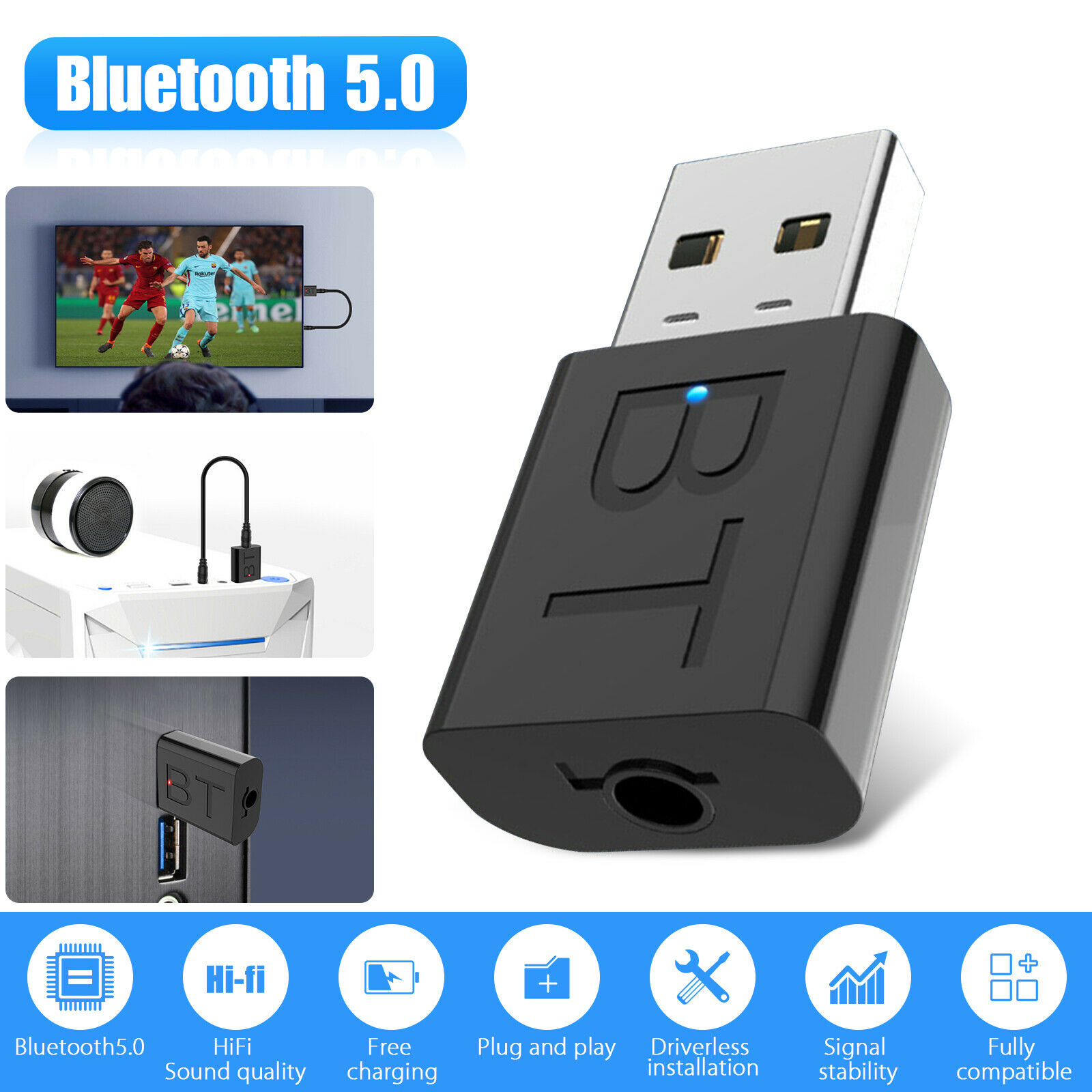 Bluetooth 5.0 Transmitter and Receiver with 3.5mm AUX Stereo Output, 2