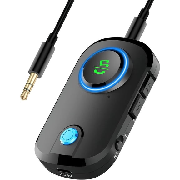Bluetooth 5.0 Transmitter and Receiver with Microphone, 3-in-1 Low Latency Wireless 3.5mm Audio Adapter for TV/Home Sound System/Car/ Switch