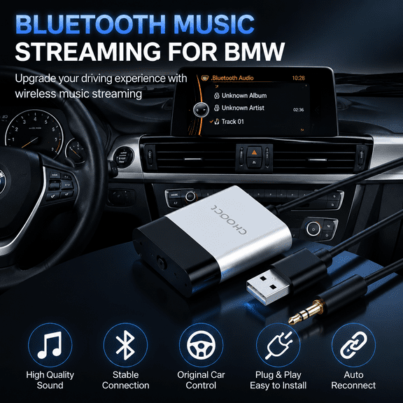 Bluetooth 5.0 Adapter for BMW CCC CIC System with USB AUX Y Cable, aptX HD Wireless Music Receiver