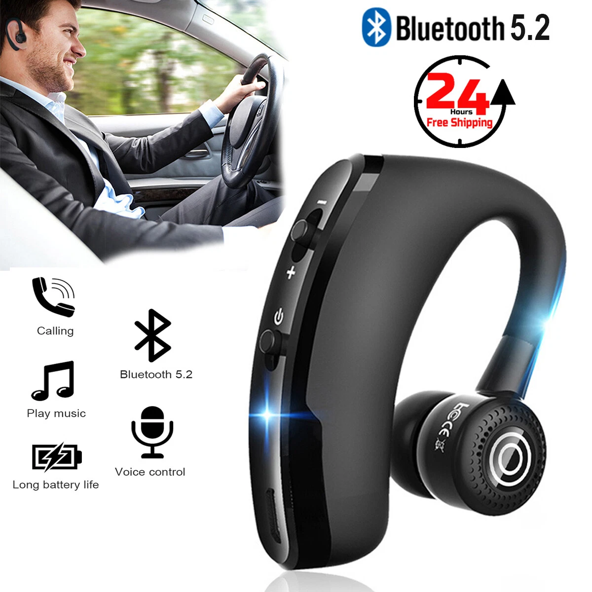 Bluetooth 5.2 Earpiece Driving Trucker Wireless Headset Earbuds Noise Cancelling