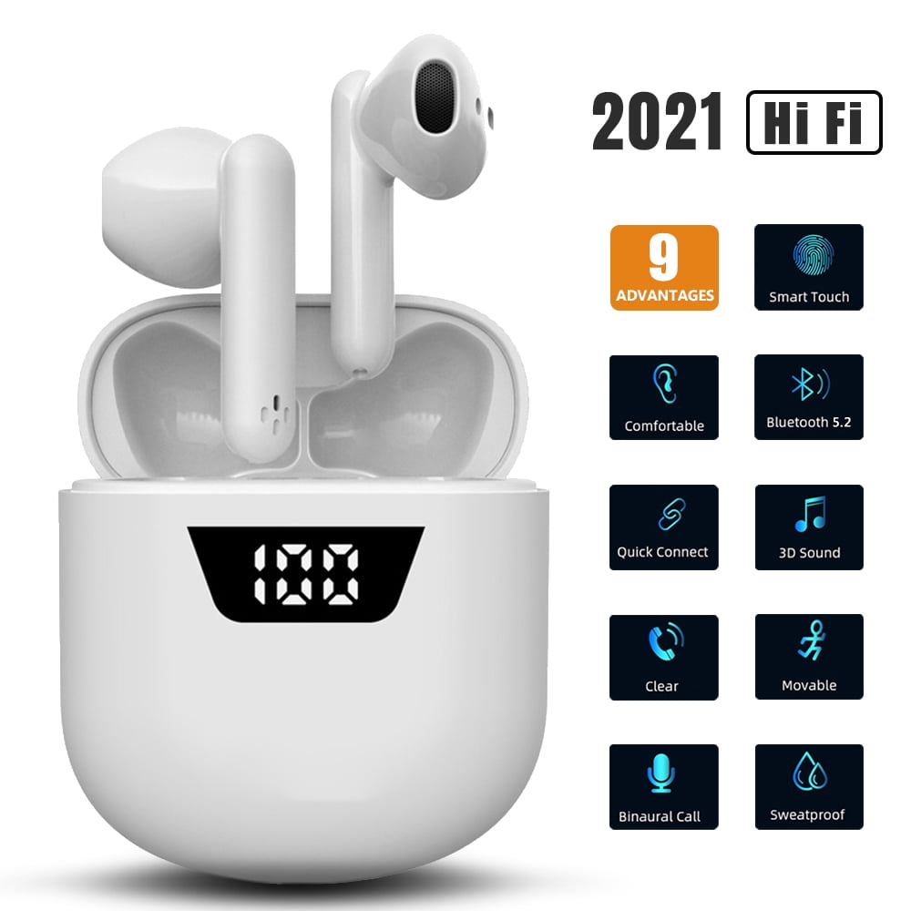 Bluetooth 5.2 Headphones Wireless Earbuds Auto Pairing HiFi Stereo Sound Earphones Touch Control Headsets with Charging Case Digital LED Intelligent Display for iPhone Android Smart Phones White Walma...