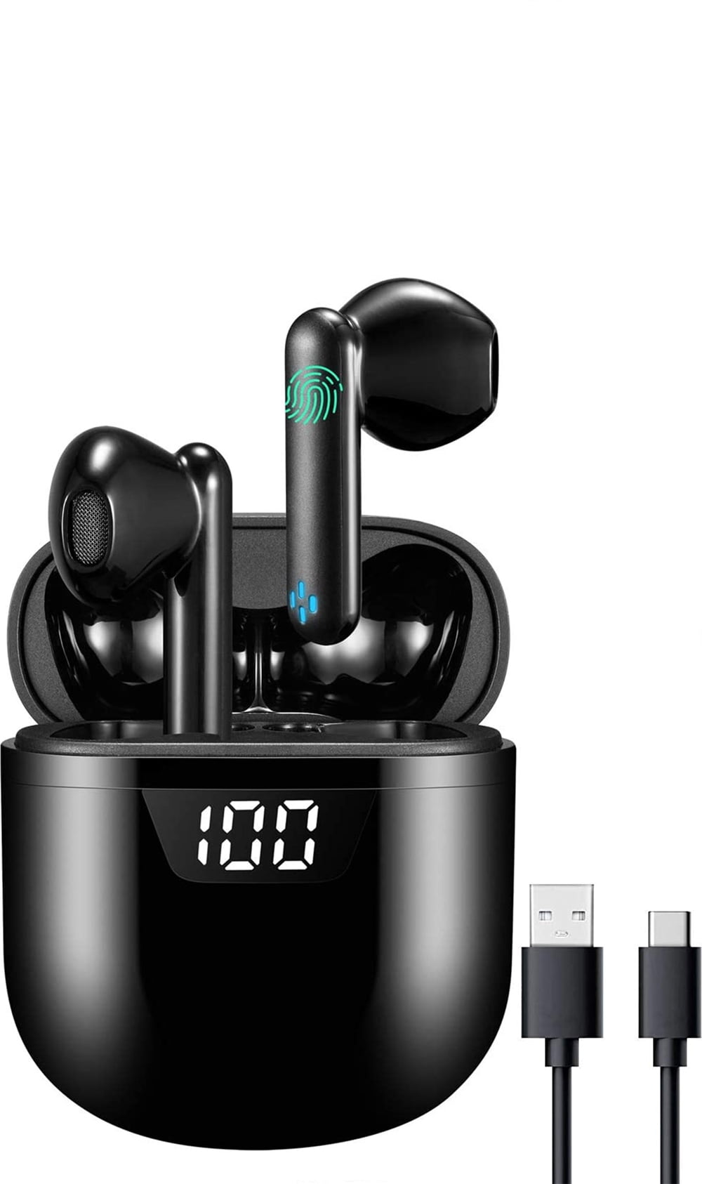Bluetooth 5.2 Headphoness Wireless Earbuds Stereo LED Display Earphones 24H Play Time with Built-in Mic Single/Dual Mode/Type-C Charging Case in-Ear Sports Headsets for iPhone/Samsung/Airpods -Black