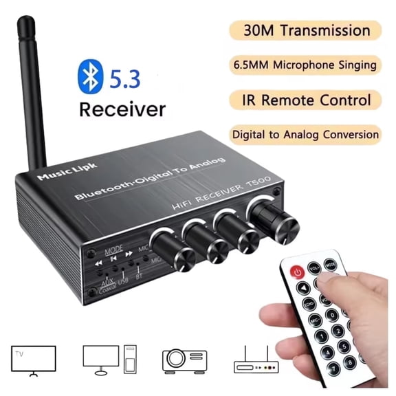 Bluetooth 5.3 Audio Receiver Wireless Adapter Coaxial DAC Converter USB U-Disk Play 6.5 Micrphone Karaoke Lossless Music Wireless Audio Adapter with Remote Control