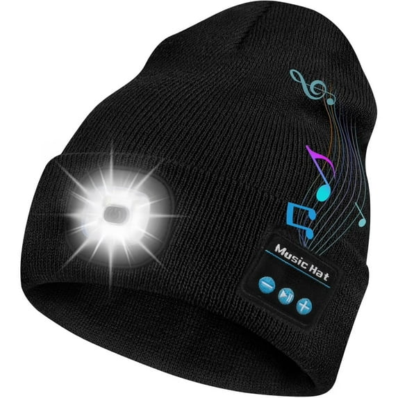 Bluetooth 5.3 Beanie Soft Hats with 6 LED Light Headlamp Cap with Headphones and Built-in Speaker Mic Gifts for Men Women Teen Foldable and washable