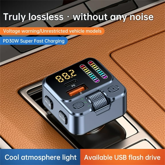 Bluetooth 5.3 Car Adapter FM Transmitter 42W PD Fast Charger Wireless AUX/USB Music Receiver Hands-Free Calls Beat Sync LED Lights for Car Stereo Audio System Accessories