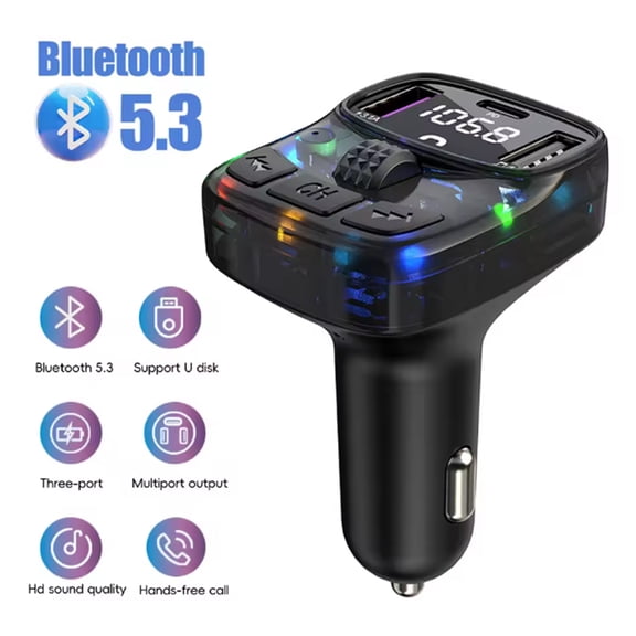 Bluetooth 5.3 Car FM Transmitter Wireless Adapter, USB-C USB-A PD Car Fast Charger, Hands-Free Calling, MP3 Player for 10V-32V Vehicles