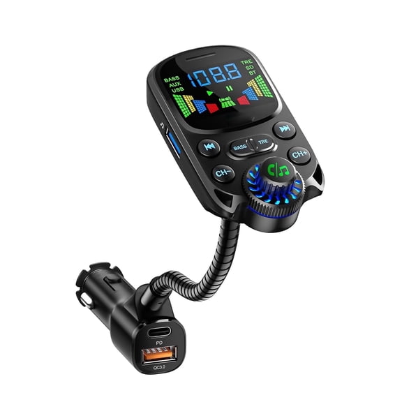 Bluetooth FM Transmitter for Car, Bluetooth 5.3 Car Adapter with Color Display Hands-Free Call, Car MP3 Player with AUX Input/Output TF Card Interface Compatible with Smartphones Audio Players