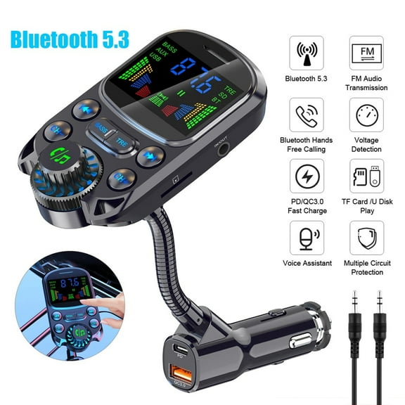 Bluetooth FM Transmitter for Car, Bluetooth 5.3 Car Adapter with Color Display Hands-Free Call, Car MP3 Player with AUX Input/Output TF Card Interface Compatible with Smartphones Audio Players