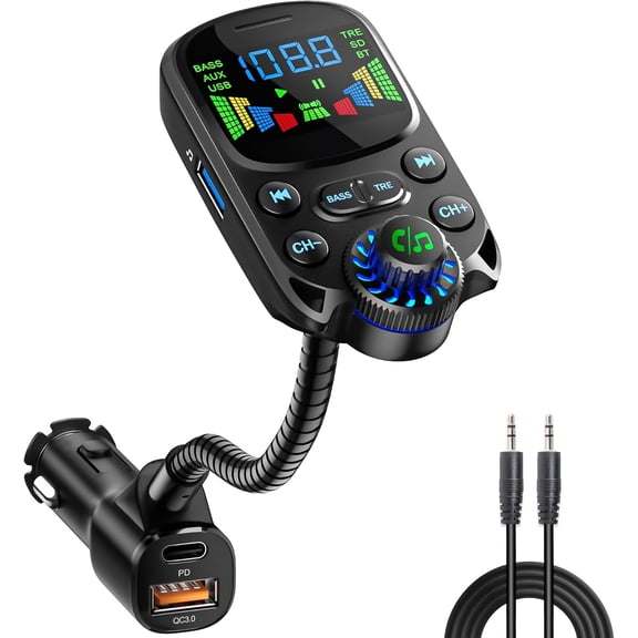 Bluetooth 5.3 FM Transmitter for Car Bluetooth Car Adapter PD30W & USB Port Fast Charge, HiFi Treble & Bass Player, 1.6" Display Hands-Free Calling Truck Radio with AUX Input/Output, TF Card