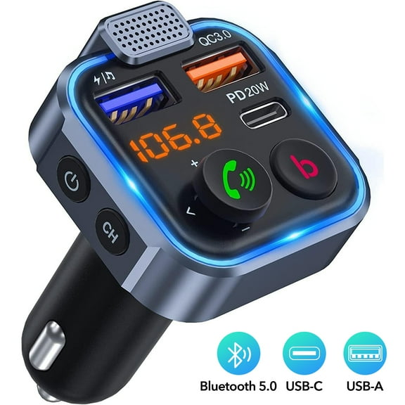 Bluetooth 5.3 FM Transmitter for Car, Type-C PD 20W + QC 3.0 Fast USB Charger, Cigarette Lighter Radio Adapter with HiFi Bass, Hands-Free Calling (Siri/Google)
