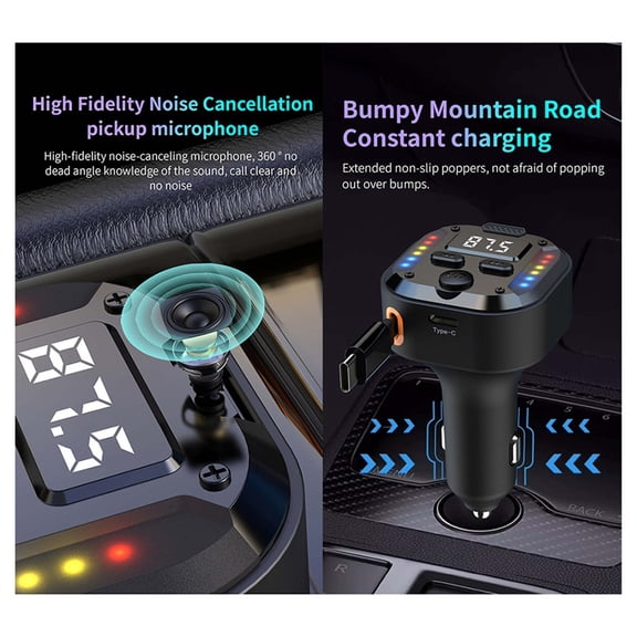 Bluetooth 5.3 FM Transmitter with Dual Type-C PD30W & QC3.0 Fast Charging Handsfree Retractable Cable for Phones