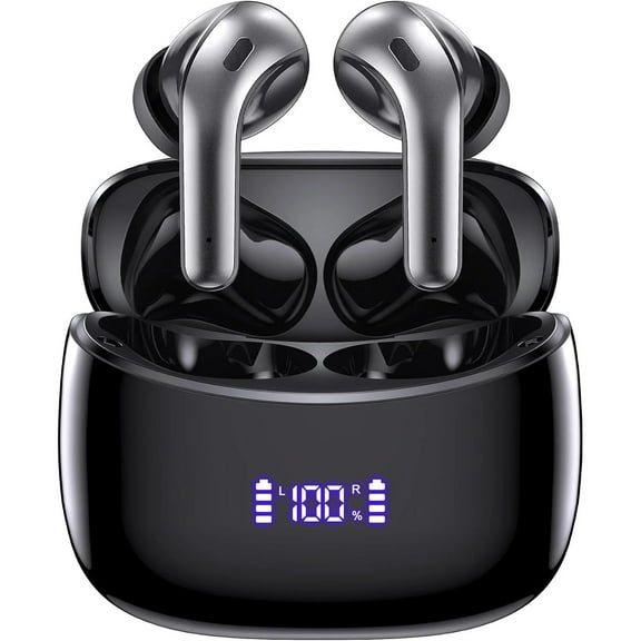 Bluetooth 5.3 Headphones Wireless Earbuds 60Hrs Playback Powerful Sound Ear Buds with LED Power Display Charging Case In Ear Earphones IPX7 Waterproof Earbud with Mic for Running Workout Sport Black